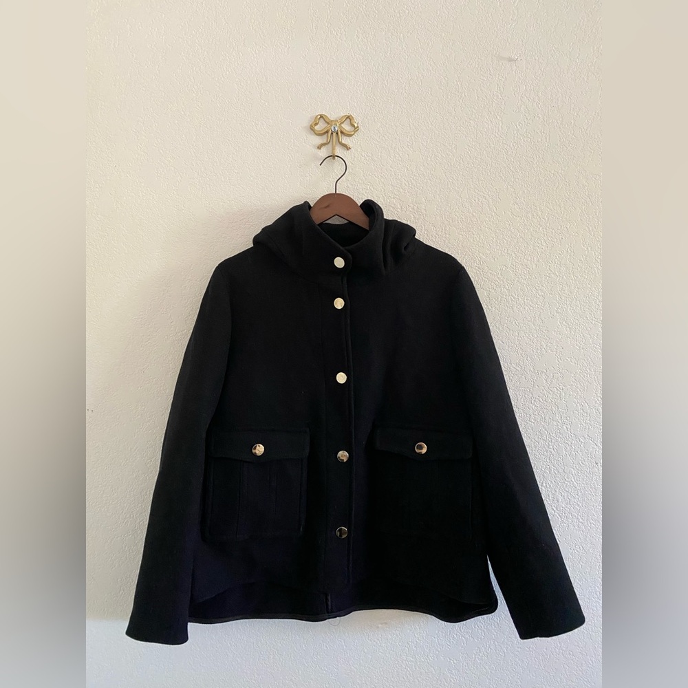 Zara Black Wool Blend Peacoat With Hood Women’s Size XL Lined Winter Outerwear